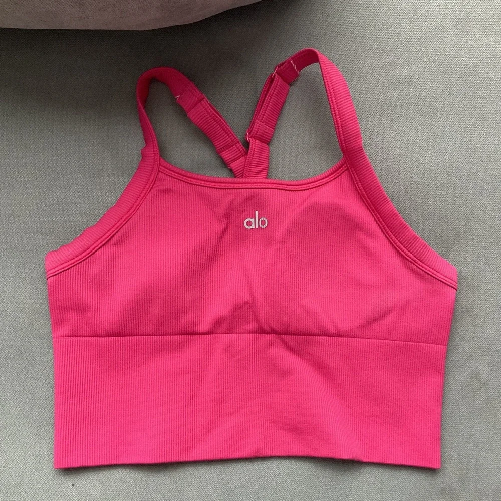 Alo Yoga Seamless Ribbed Favorite Bra Tank Pink Summer Crush S